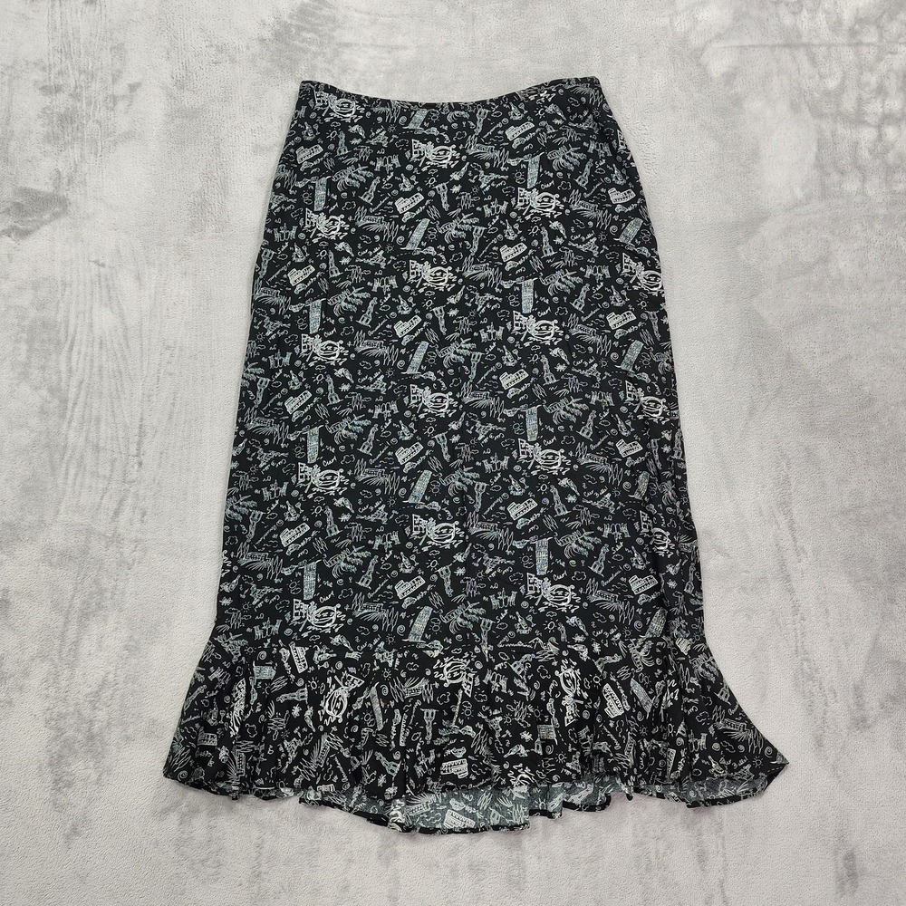 Vintage Christopher & Banks Skirt Womens 6 Black Italy Print Trumpet Ruffle Midi